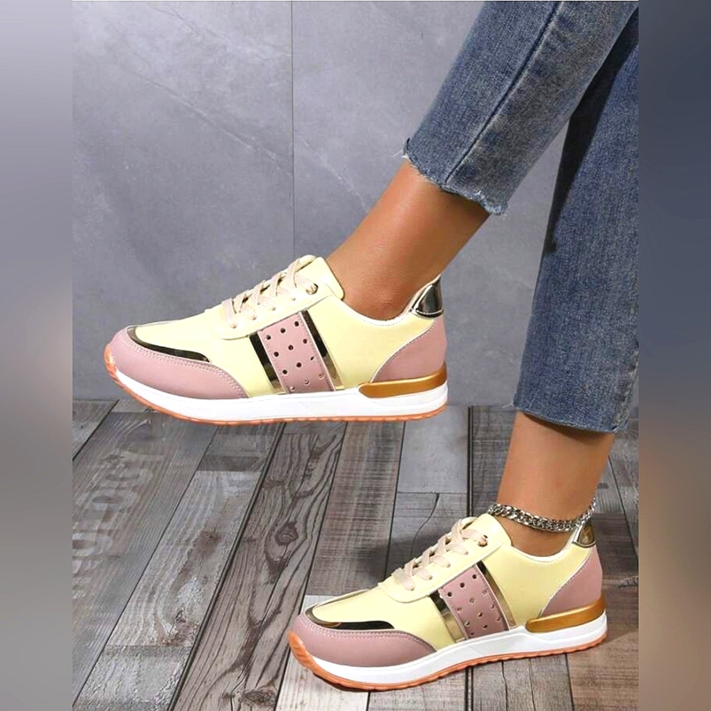 Womens Size 10 Fashionable & Comfortable Round Toe Light Yellow Lace-Up Sneakers